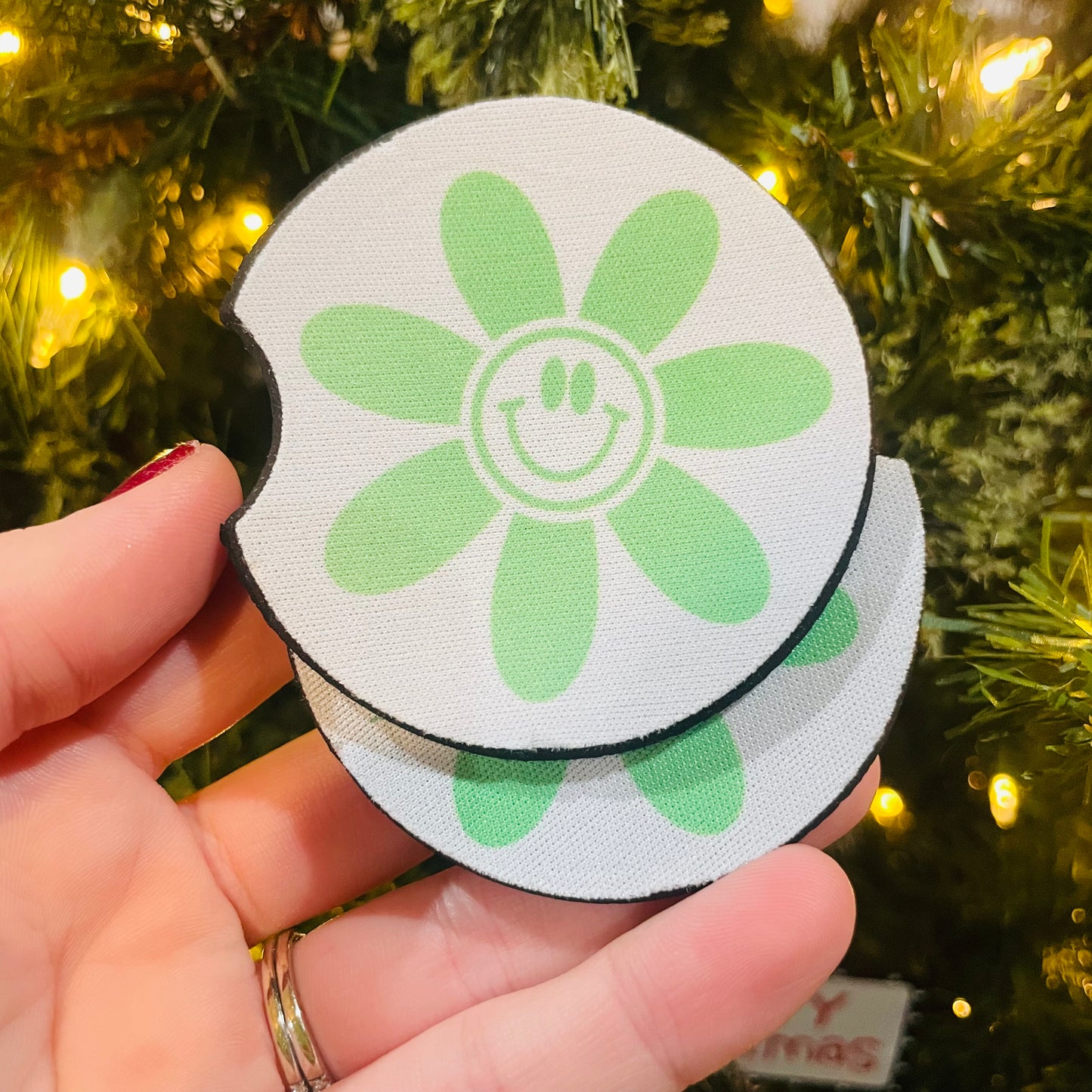 Green Smiley Flower - Car Coasters
