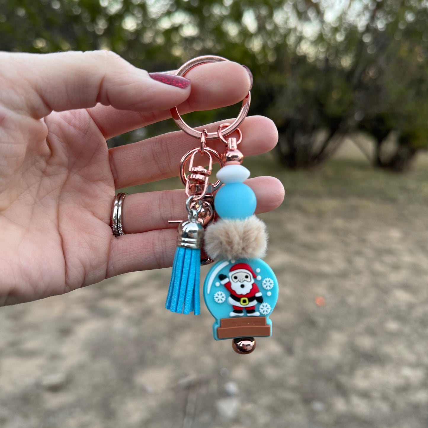 Santa Snowglobe Beaded Keychain