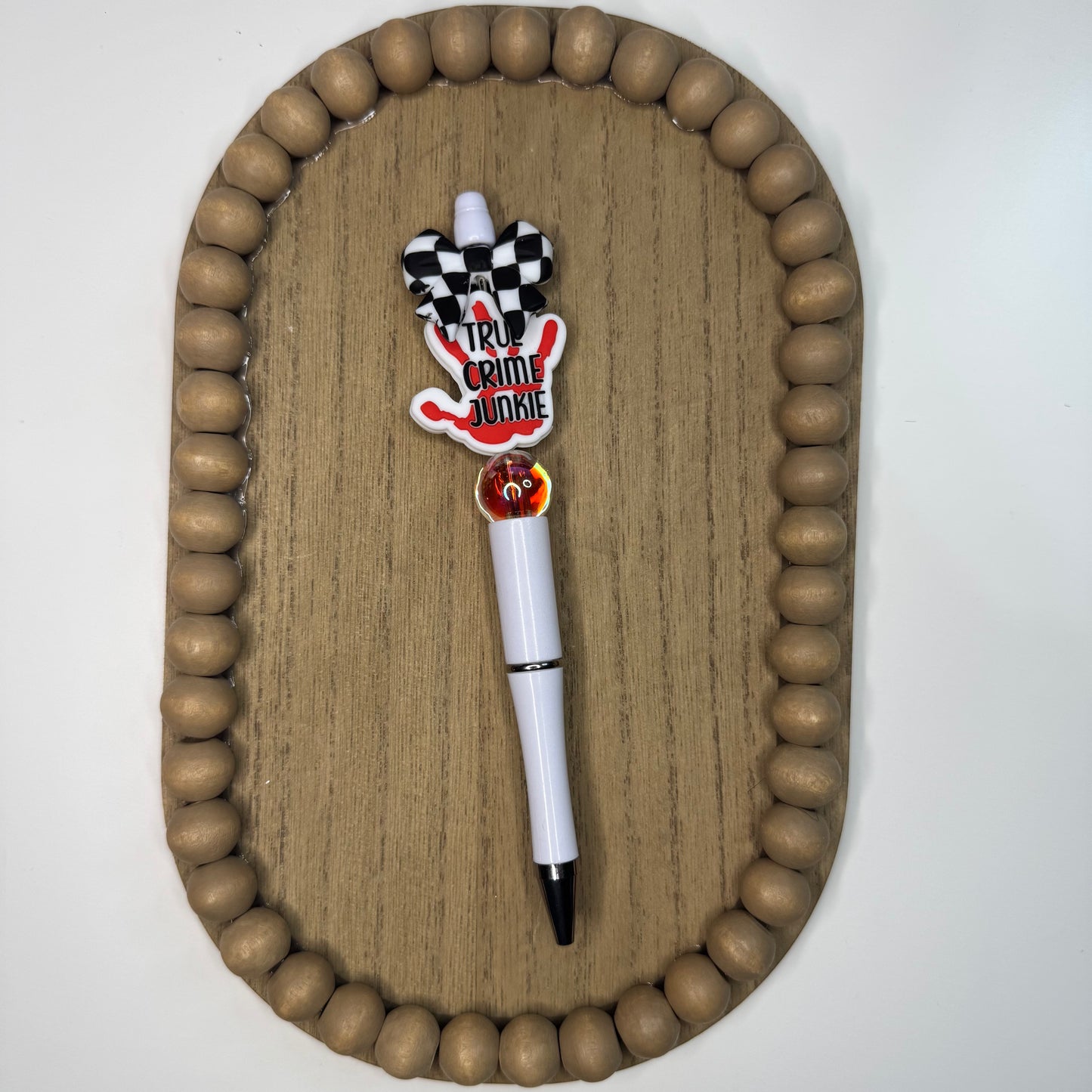 True Crime Junkie Bow Beaded Pen