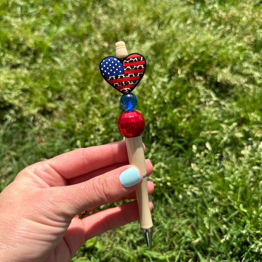 American Flag Heart Beaded Pen