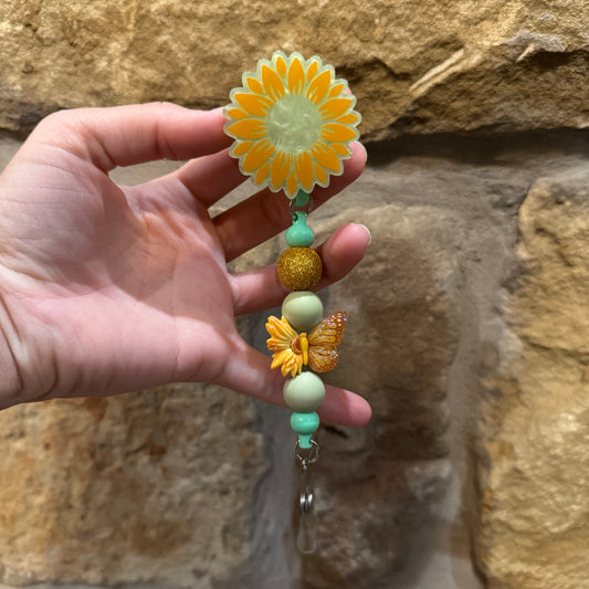 Sunflower Butterfly Beaded Badge Reel