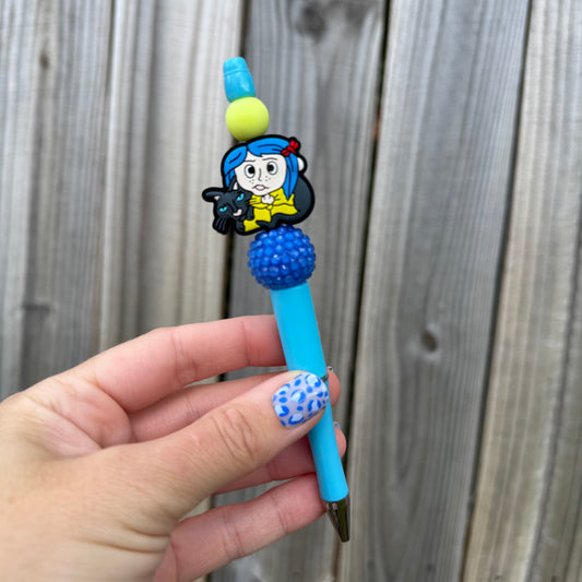 Button Eyes Girl Beaded Pen