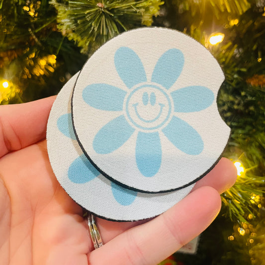 Blue Smiley Flower - Car Coasters