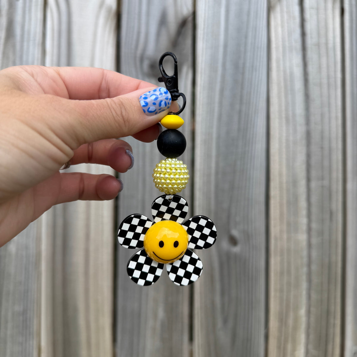 Checkered Flower Beaded Keychain