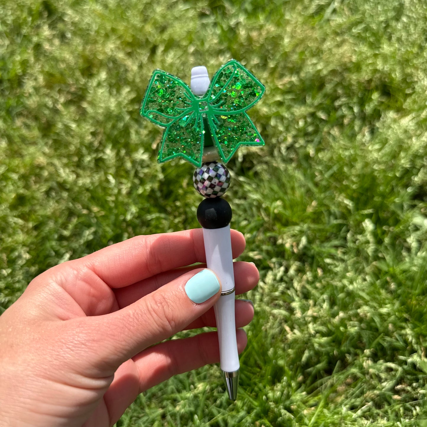 Green Glitter Bow Beaded Pen
