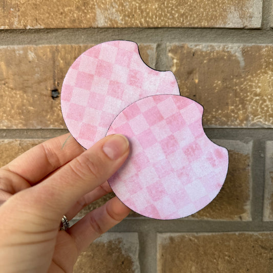 Light Pink Distressed Checkered Car Coasters