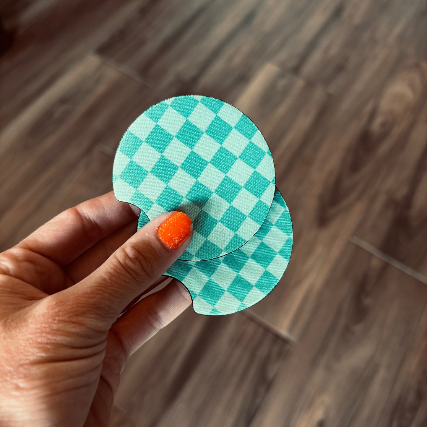 Seafoam Teal Checkered Car Coasters